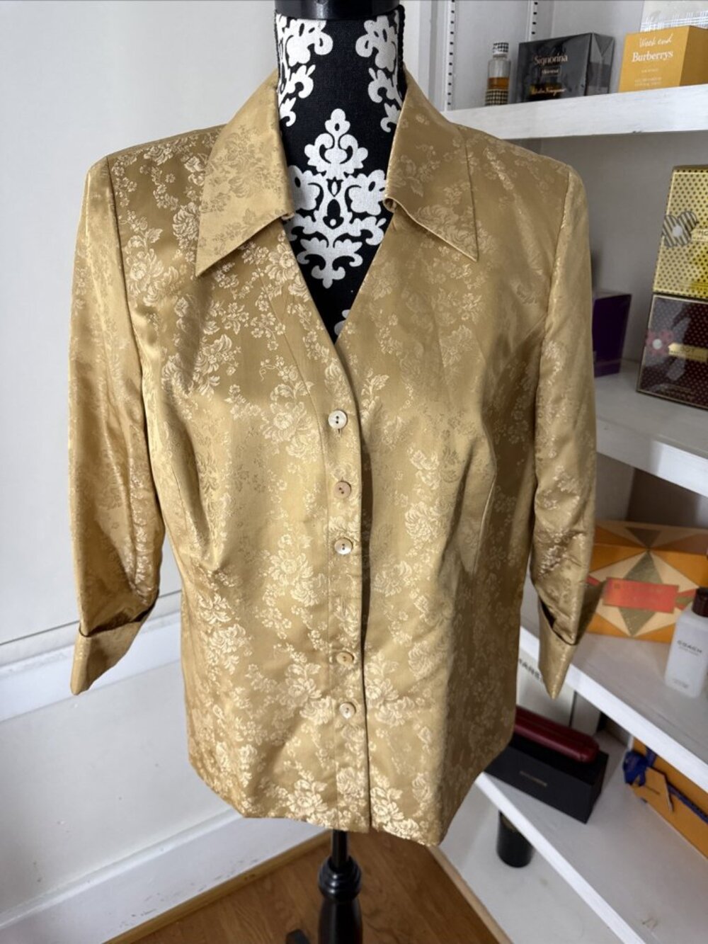 Kate Hill Gold Shimmer Floral Silk Blouse Size 14W Button Up 3/4 Sleeve